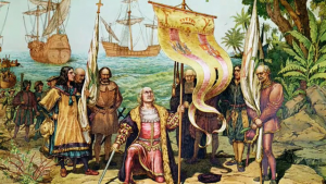 Christopher Columbus (kneeling) arrives in the New World on 12 Oct 1492