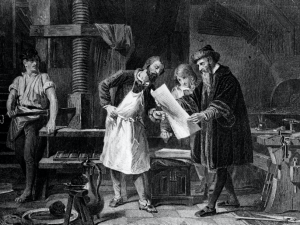 Johannes Gutenberg admiring his first paper print in 1440